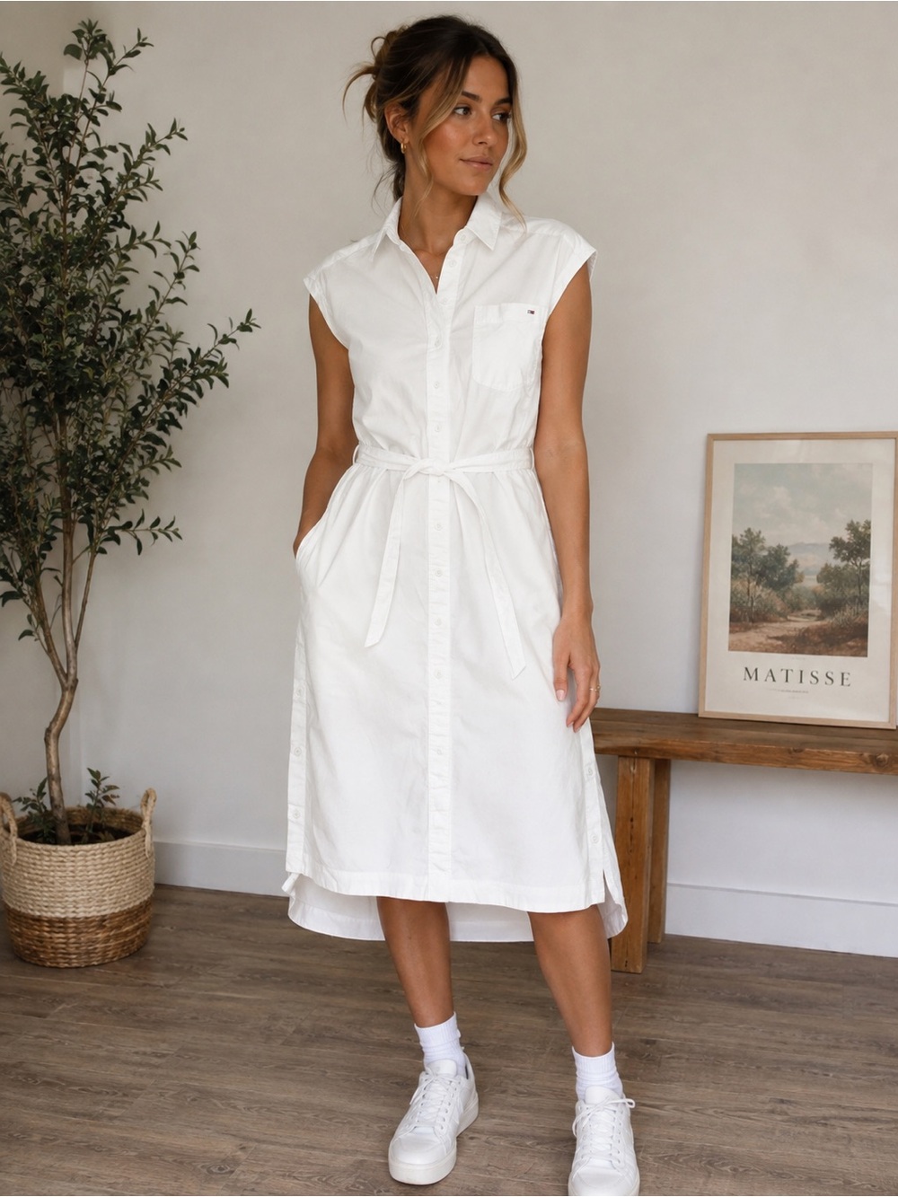 Tommy Hilfiger White Cotton Belted Shirt Dress XXS Pockets Midi